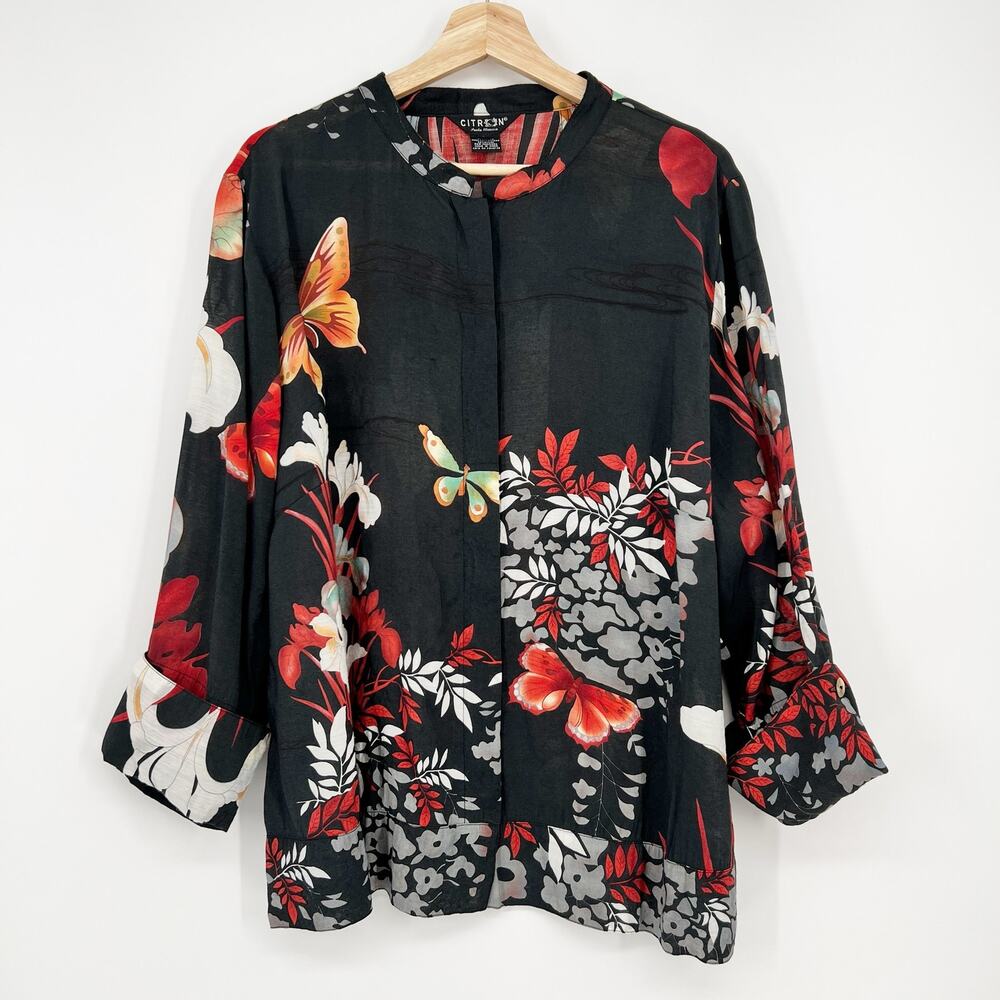 Citron Santa Monica Tunic Blouse Womens 2X Black Orange Bamboo Butterfly Floral